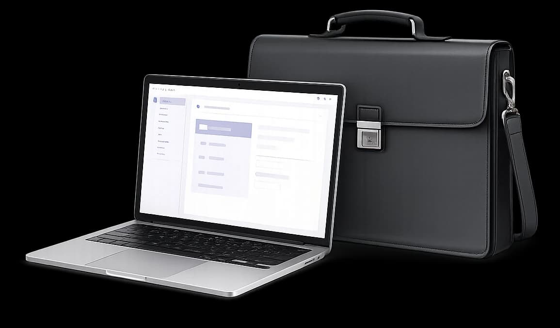 MacBook con dashboard e valigetta business